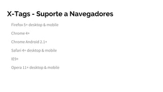 X-Tags - Suporte a Navegadores
Firefox 5+ desktop & mobile
Chrome 4+
Chrome Android 2.1+
Safari 4+ desktop & mobile
IE9+
Opera 11+ desktop & mobile
 