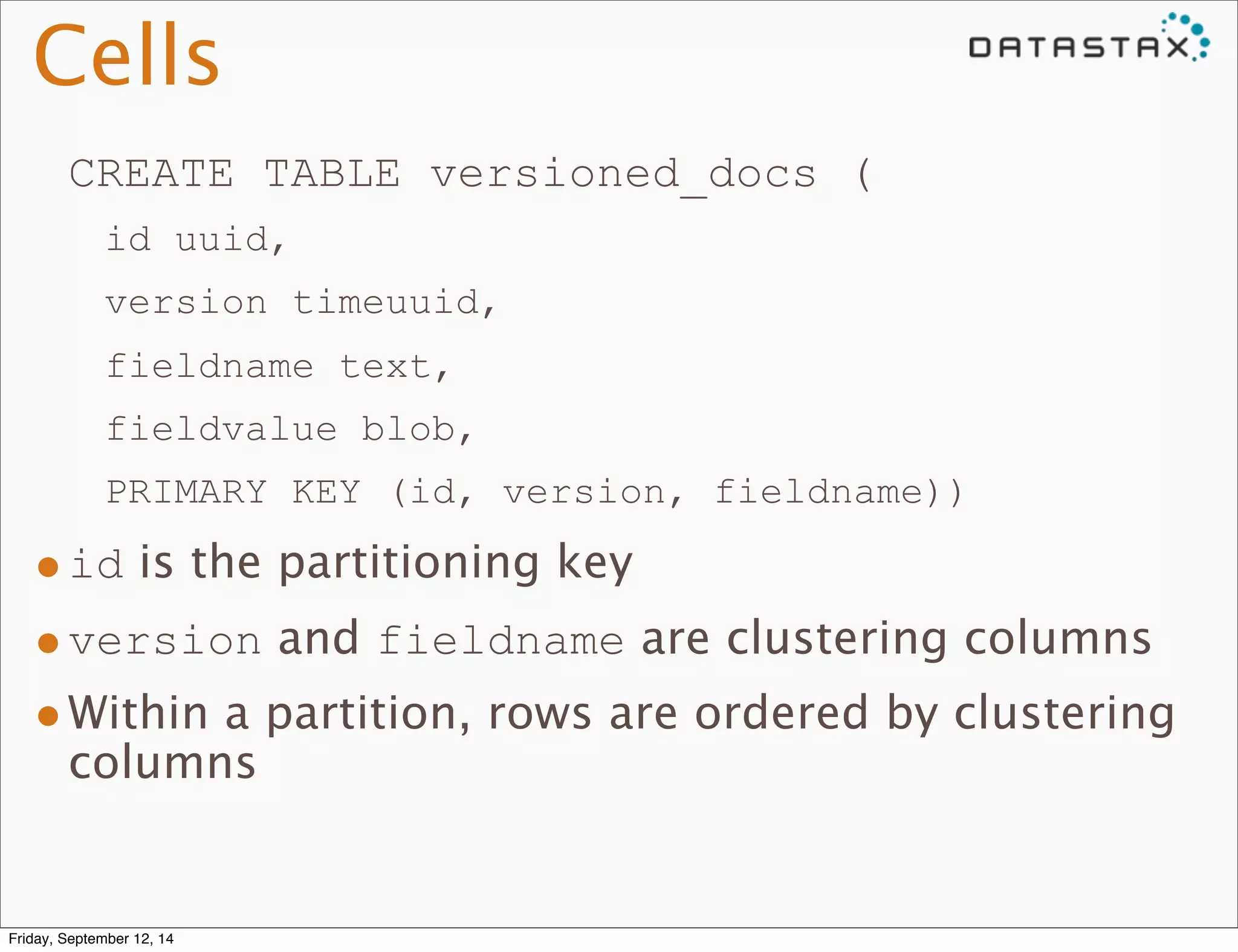 Cells 
CREATE TABLE versioned_docs ( 
id uuid, 
version timeuuid, 
fieldname text, 
fieldvalue blob, 
PRIMARY KEY (id, version, fieldname)) 
•id is the partitioning key 
•version and fieldname are clustering columns 
•Within a partition, rows are ordered by clustering 
columns 
Friday, September 12, 14 
 