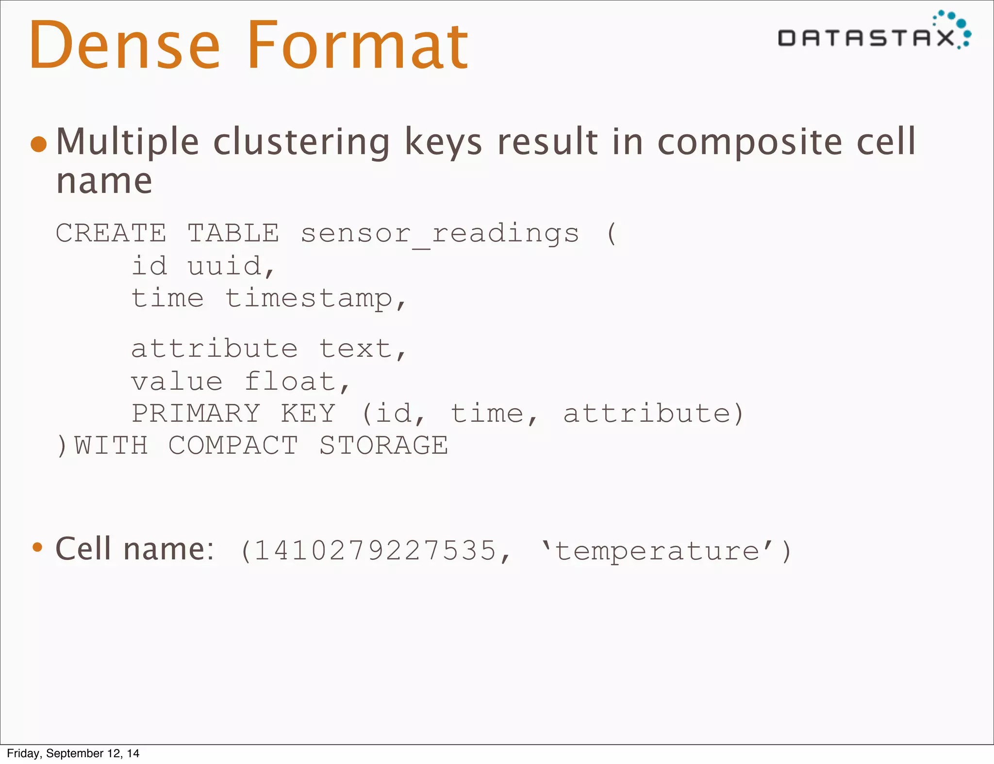 Dense Format 
•Multiple clustering keys result in composite cell 
name 
CREATE TABLE sensor_readings ( 
id uuid, 
time timestamp, 
attribute text, 
value float, 
PRIMARY KEY (id, time, attribute) 
)WITH COMPACT STORAGE 
•Cell name: (1410279227535, ‘temperature’) 
Friday, September 12, 14 
 