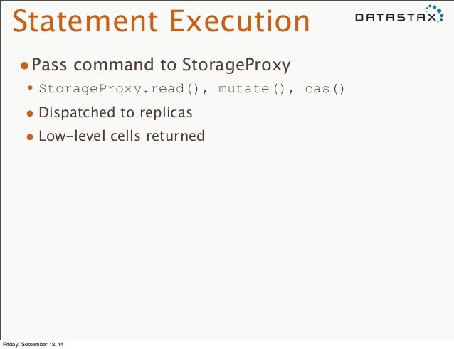 Statement Execution
•Pass command to StorageProxy
•StorageProxy.read(), mutate(), cas()
• Dispatched to replicas
• Low...