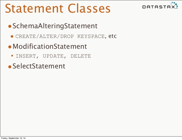Statement Classes
•SchemaAlteringStatement
• CREATE/ALTER/DROP KEYSPACE, etc
•ModificationStatement
•INSERT, UPDATE, D...