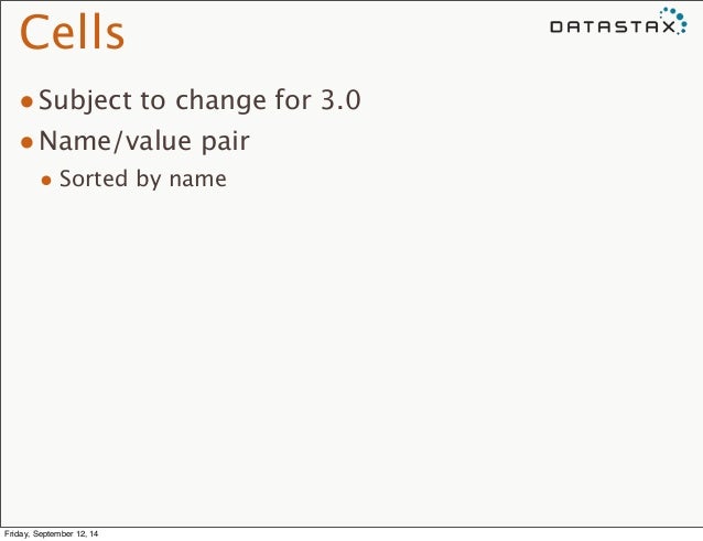 Cells
•Subject to change for 3.0
•Name/value pair
• Sorted by name
Friday, September 12, 14