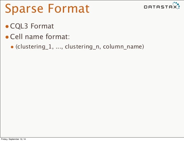 Sparse Format
•CQL3 Format
•Cell name format:
• (clustering_1, ..., clustering_n, column_name)
Friday, September 12, 1...