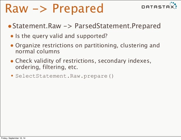 Raw -> Prepared
•Statement.Raw -> ParsedStatement.Prepared
• Is the query valid and supported?
• Organize restrictions ...