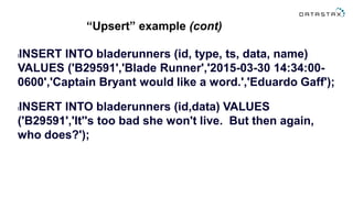 “Upsert” example (cont)
lINSERT INTO bladerunners (id, type, ts, data, name)
VALUES ('B29591','Blade Runner','2015-03-30 14:34:00-
0600','Captain Bryant would like a word.','Eduardo Gaff');
lINSERT INTO bladerunners (id,data) VALUES
('B29591','It''s too bad she won't live. But then again,
who does?');
 