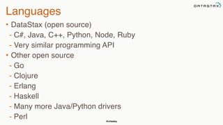 @chbatey
Languages
• DataStax (open source)
- C#, Java, C++, Python, Node, Ruby
- Very similar programming API
• Other open source
- Go
- Clojure
- Erlang
- Haskell
- Many more Java/Python drivers
- Perl
 