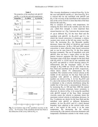 Sheikhzadeh et al./ TPNMS 1 (2013) 75-92
84
Table 5
The properties of the nanofluid with ϕ=0.05
and Rif,0 =1 at the hot and cold temperatures
Properties Tc=298 K Th=314.5 K
nfρ
( )3
kg.m−
1225.3 1217.6
nfpc ,
( )1-1
.KJ.kg − 2723.9 2594.1
nfµ ( )Pa.s 7.65×10-3
4.74×10-3
nfβ ( )1
K− 4.52×10-4
4.12×10-4
nfk
( )1-1
.KW.m − 0.4310 0.4095
Fig. 2. (a) Contour map of the nanofluid viscosity in the
cavity. (b) Viscosity of the nanofluid and the base fluid at
the midsection of the cavity, both for Rif,0 =1.
This viscosity distribution is noticed from Fig. 2a for
the case with ϕ=0.05 and Rif,0=1. Also from Fig. 2b it
is noticed that for the nanofluid with ϕ=0.05 and
Rif,0=1 the viscosity of the nanofluid on the midsection
line of the cavity (Y=0.5) is more than that of the base
fluid for the same Rif,0.
Due to variation of density with temperature, for
studying the flow field in the variable cases the term
ρψ , called flow strength, is more important than
stream function (ψ ). Fig. 3 presents the contour maps
of ρψ at different Rif,0 for the base ﬂuid and the
nanoﬂuid with ϕ=0.05. At Rif,0=0.01 and 0.1, for
which the forced convection is dominant a relative
vacuum zone occurs at the left top corner (see Figs.
3a-b). By increasing Rif,0, the Reynolds number
decreases, hence the effect of lid-driven and forced
convection decreases. At Rif,0= 100 and 1000, natural
convection is more effective than forced convection
and, as can be seen from Fig. 3f, the flow pattern
becomes symmetric. The use of nanofluid, even with
ϕ=0.05, does not have a major effect on the flow
pattern, however augments the flow intensity. The
maximum value of the flow strength for the base fluid
with Rif,0=0.01 is 115.02 but for the nanofluid with
Rif,0=0.01 and ϕ=0.05 is 119.83 showing almost 4%
enhancement and the maximum values of flow
strength at Rif,0=1000 are 176.25 and 188.8 for the
base fluid and nanofluid with ϕ =0.05, respectively,
which shows almost 7% enhancement for the
nanofluid. The variation of the vertical velocity at the
middle of the enclosure for the base fluid and the
nanoﬂuid with ϕ=0.05 at different Richardson
numbers are shown in Fig. 4. At low Rif,0=0.01 and
0.1, due to the motion of the lid, the forced convection
is dominant so the y-velocity distribution along the
middle line of the cavity is unsymmetrical. However,
by increasing Rif,0 to 100 and then 1000 the natural
convection becomes dominant, hence symmetry is
observed. As shown in Fig. 4, by using the nanofluid
with ϕ=0.05 instead of the base fluid, increased
viscosity causes the velocity to attenuate, hence the
maximum vertical velocity at mid-plane decreases. In
Fig. 5 isotherms are shown for the base fluid and the
nanoﬂuid with ϕ=0.05 at different Richardson
numbers. At low Rif,0=0.01 and 0.1 a thick thermal
boundary layer adjacent to the vertical walls exists
and a vast region of the cavity is at the same
temperature. By decreasing the lid velocity
(increasing Rif,0) the natural convection dominates and
temperature distribution extends to the whole cavity.
 