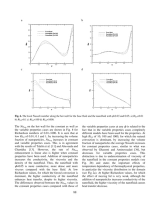 88
a b
c d
Fig. 6. The local Nusselt number along the hot wall for the base fluid and the nanofluid with φ=0.03 and 0.05; a) Rif,0=0.01
b) Rif,0=0.1 c) Rif,0=100 d) Rif,0=1000.
The Nuavg on the hot wall for the constant as well as
the variable properties cases are shown in Fig. 8 for
Richardson numbers of 0.01–1000. It is seen that at
low Rif,0 of 0.01, 0.1 and 1, by increasing the volume
fraction of nanoparticles, Nuavg increases in constant
and variable properties cases. This is in agreement
with the results of Talebi et al. [11] and Abu-nada and
Chamkha [13]. However, the rate of Nuavg
enhancement is linear also is higher when constant
properties have been used. Addition of nanoparticles
increases the conductivity, the viscosity and the
density of the nanofluid. Thus, the nanofluid with
ϕ=0.05 is more conductive, more dense and more
viscous compared with the base fluid. At low
Richardson values, for which the forced convection is
dominant, the higher conductivity of the nanofluid
enhances heat transfer, despite its higher viscosity.
The differences observed between the Nuavg values in
the constant properties cases compared with those of
the variable properties cases at any ϕ is related to the
fact that in the variable properties cases completely
different models have been used for the properties. At
high Rif,0 of 10, 100 and 1000, for which the natural
convection is dominant, by increasing the volume
fraction of nanoparticles the average Nusselt increases
for constant properties cases, similar to what was
observed by Ghasemi and Aminossadati [36], but
decreases for variable properties cases. This
distinction is due to underestimation of viscosity of
the nanofluid in the constant properties models (see
Fig. 2b) and states the important effects of
temperature dependency of thermophysical properties,
in particular the viscosity distribution in the domain
(see Fig 2a). At higher Richardson values, for which
the effect of moving lid is very weak, although the
addition of nanoparticles increases conductivity of the
nanofluid, the higher viscosity of the nanofluid causes
heat transfer decrease.
 