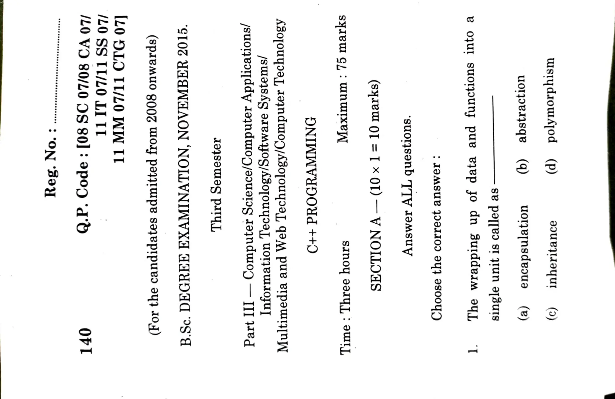 C++ Old Question Paper for Reference (Bharathiyar University) | PDF