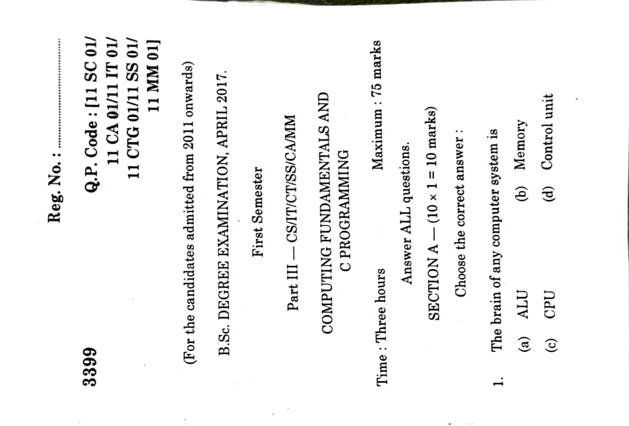 C Old Question Paper for Reference (Bharathiyar University) | PDF