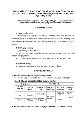 QUY CHUẨN KỸ THUẬT QUỐC GIA VỀ VỆ SINH AN TOÀN ĐỐI VỚI
BAO BÌ, DỤNG CỤ BẰNG NHỰA TỔNG HỢP TIẾP XÚC TRỰC TIẾP
VỚI THỰC PHẨM
National technical regulation on safety and hygiene for synthetic resin
implement, container and packaging in direct contact with foods
I. QUY ĐỊNH CHUNG
1. Phạm vi điều chỉnh
Quy chuẩn kỹ thuật quốc gia (sau đây gọi tắt là Quy chuẩn) này quy định các
yêu cầu kỹ thuật và quản lý về vệ sinh an toàn đối với bao bì, dụng cụ bằng nhựa
tổng hợp tiếp xúc trực tiếp với thực phẩm (sau đây gọi tắt là bao bì, dụng cụ
nhựa).
2. Đối tƣợng áp dụng
Quy chuẩn này áp dụng đối với:
2.1. Tổ chức, cá nhân nhập khẩu, sản xuất, buôn bán và sử dụng các sản phẩm
bao bì, dụng cụ nhựa.
2.2. Cơ quan quản lý nhà nước và các tổ chức cá nhân có liên quan khác.
3. Giải thích từ ngữ
3.1 Dung dich ngâm thôi: là dung dịch dùng để ngâm mẫu thử.
II. YÊU CẦU KỸ THUẬT
1. Yêu cầu kỹ thuật đối với bao bì, dụng cụ nhựa
Các bao bì, dụng cụ nhựa phải đạt các yêu cầu chung quy định tại bảng 1:
Bảng 1. Yêu cầu chung đối với bao bì, dụng cụ nhựa
Thử vật liệu Thử thôi nhiễm
Chỉ tiêu
kiểm tra
Giới hạn
tối đa
Chỉ tiêu kiểm
tra
Điều kiện
ngâm thôi
Dung dịch
ngâm thôi
Giới hạn
tối đa
Chì 100 µg/g
Kim loại nặng
600
C trong
30 phút [7]
Acid acetic
4%
1 µg/ml
Lượng KMnO4
sử dụng[1] Nước
10 µg/ml
Cadmi 100 µg/g
2. Yêu cầu kỹ thuật đối với bao bì, dụng cụ từ nhựa Phenol, Melamin và Ure
 