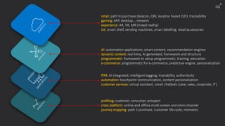 retail: path to purchase (beacon, QR), location based O2O, traceability
gaming: APP, desktop, , network
experience: AR, VR, MR (mixed reality)
iot: smart shelf, vending machines, smart labelling, retail accessories
AI: automation applications, smart content, recommendation engines
dynamic content: real time, AI generated, framework and structure
programmatic: framework to setup programmatic, training, education
e-commerce: programmatic for e-commerce, predictive engine, personalization
PIM: AI integrated, intelligent tagging, tractability, authenticity
automation: touchpoint communication, content personalization
customer services: virtual assistant, smart chatbots (care, sales, corporate, IT)
profiling: customer, consumer, prospect
cross platform: online and offline multi-screen and omni-channel
journey mapping: path 2 purchase, customer life cycle, moments
cq
+
 