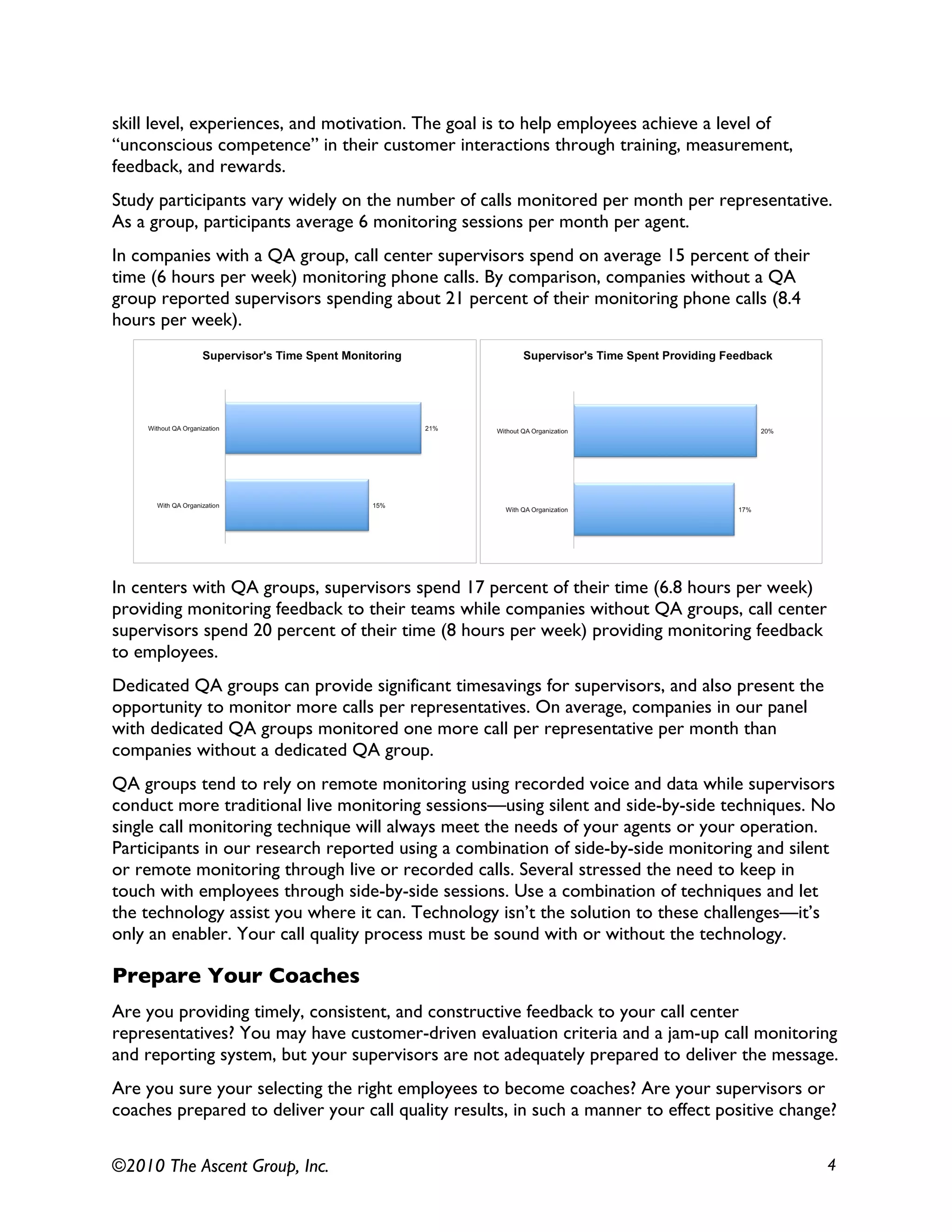 ©2010 The Ascent Group, Inc. 4
skill level, experiences, and motivation. The goal is to help employees achieve a level of
“unconscious competence” in their customer interactions through training, measurement,
feedback, and rewards.
Study participants vary widely on the number of calls monitored per month per representative.
As a group, participants average 6 monitoring sessions per month per agent.
In companies with a QA group, call center supervisors spend on average 15 percent of their
time (6 hours per week) monitoring phone calls. By comparison, companies without a QA
group reported supervisors spending about 21 percent of their monitoring phone calls (8.4
hours per week).
In centers with QA groups, supervisors spend 17 percent of their time (6.8 hours per week)
providing monitoring feedback to their teams while companies without QA groups, call center
supervisors spend 20 percent of their time (8 hours per week) providing monitoring feedback
to employees.
Dedicated QA groups can provide significant timesavings for supervisors, and also present the
opportunity to monitor more calls per representatives. On average, companies in our panel
with dedicated QA groups monitored one more call per representative per month than
companies without a dedicated QA group.
QA groups tend to rely on remote monitoring using recorded voice and data while supervisors
conduct more traditional live monitoring sessions—using silent and side-by-side techniques. No
single call monitoring technique will always meet the needs of your agents or your operation.
Participants in our research reported using a combination of side-by-side monitoring and silent
or remote monitoring through live or recorded calls. Several stressed the need to keep in
touch with employees through side-by-side sessions. Use a combination of techniques and let
the technology assist you where it can. Technology isn’t the solution to these challenges—it’s
only an enabler. Your call quality process must be sound with or without the technology.
Prepare Your Coaches
Are you providing timely, consistent, and constructive feedback to your call center
representatives? You may have customer-driven evaluation criteria and a jam-up call monitoring
and reporting system, but your supervisors are not adequately prepared to deliver the message.
Are you sure your selecting the right employees to become coaches? Are your supervisors or
coaches prepared to deliver your call quality results, in such a manner to effect positive change?
 
