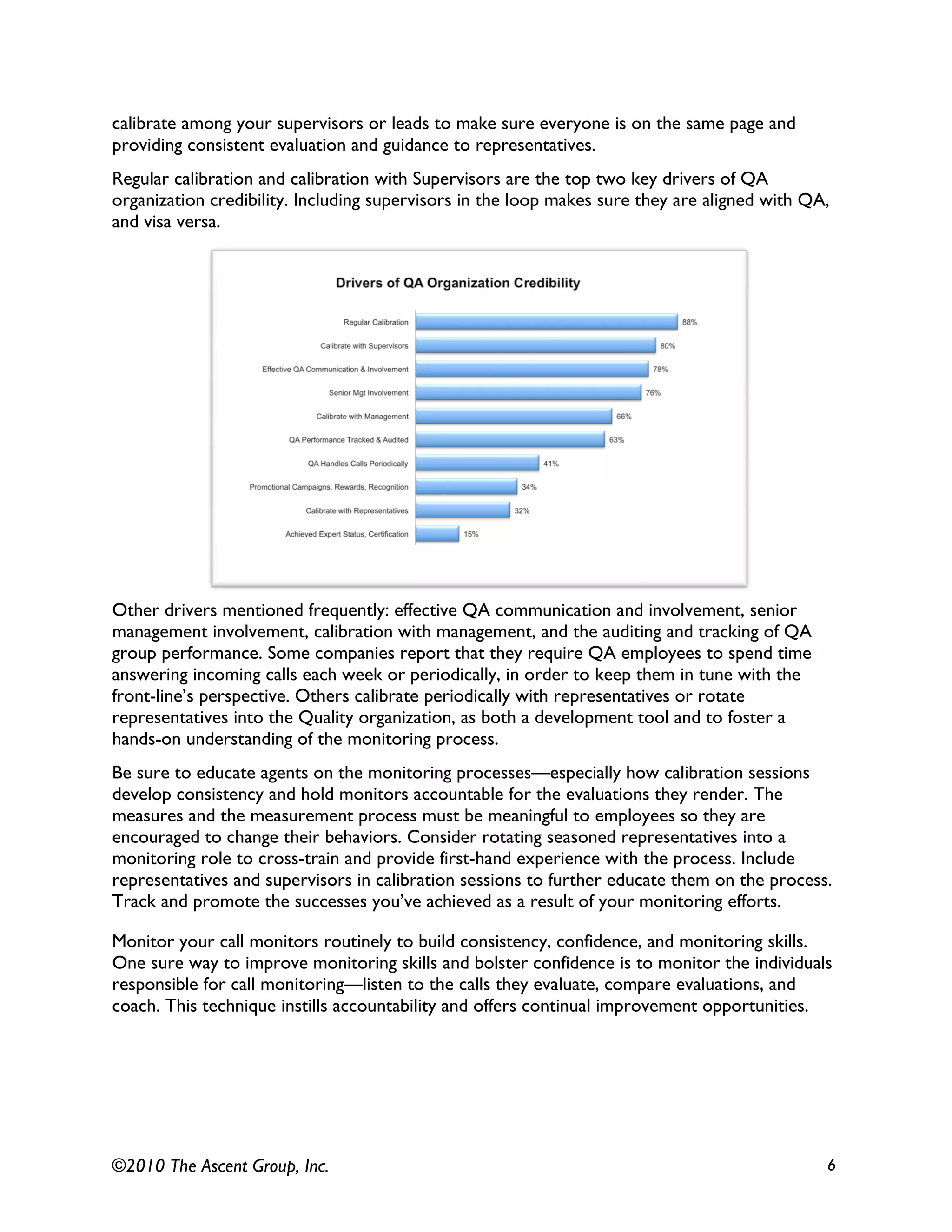 ©2010 The Ascent Group, Inc. 6
calibrate among your supervisors or leads to make sure everyone is on the same page and
providing consistent evaluation and guidance to representatives.
Regular calibration and calibration with Supervisors are the top two key drivers of QA
organization credibility. Including supervisors in the loop makes sure they are aligned with QA,
and visa versa.
Other drivers mentioned frequently: effective QA communication and involvement, senior
management involvement, calibration with management, and the auditing and tracking of QA
group performance. Some companies report that they require QA employees to spend time
answering incoming calls each week or periodically, in order to keep them in tune with the
front-line’s perspective. Others calibrate periodically with representatives or rotate
representatives into the Quality organization, as both a development tool and to foster a
hands-on understanding of the monitoring process.
Be sure to educate agents on the monitoring processes—especially how calibration sessions
develop consistency and hold monitors accountable for the evaluations they render. The
measures and the measurement process must be meaningful to employees so they are
encouraged to change their behaviors. Consider rotating seasoned representatives into a
monitoring role to cross-train and provide first-hand experience with the process. Include
representatives and supervisors in calibration sessions to further educate them on the process.
Track and promote the successes you’ve achieved as a result of your monitoring efforts.
Monitor your call monitors routinely to build consistency, confidence, and monitoring skills.
One sure way to improve monitoring skills and bolster confidence is to monitor the individuals
responsible for call monitoring—listen to the calls they evaluate, compare evaluations, and
coach. This technique instills accountability and offers continual improvement opportunities.
 