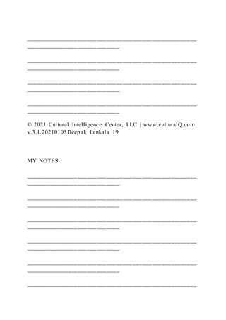 _____________________________________________________
_____________________________
_____________________________________________________
_____________________________
_____________________________________________________
_____________________________
_____________________________________________________
_____________________________
© 2021 Cultural Intelligence Center, LLC | www.culturalQ.com
v.3.1.20210105Deepak Lenkala 19
MY NOTES
_____________________________________________________
_____________________________
_____________________________________________________
_____________________________
_____________________________________________________
_____________________________
_____________________________________________________
_____________________________
_____________________________________________________
_____________________________
_____________________________________________________
 