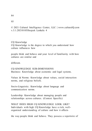 84
95
© 2021 Cultural Intelligence Center, LLC | www.culturalQ.com
v.3.1.20210105Deepak Lenkala 4
CQ Knowledge
CQ Knowledge is the degree to which you understand how
culture influences how
people think and behave and your level of familiarity with how
cultures are similar and
different.
CQ KNOWLEDGE SUB-DIMENSIONS
Business: Knowledge about economic and legal systems.
Values & Norms: Knowledge about values, social interaction
norms, and religious beliefs.
Socio-Linguistic: Knowledge about language and
communication norms.
Leadership: Knowledge about managing people and
relationships across cultures. (Context Specific)
WHAT DOES HIGH CQ KNOWLEDGE LOOK LIKE?
Individuals with high CQ Knowledge have a rich, well-
organized understanding of culture and how it affects
the way people think and behave. They possess a repertoire of
 
