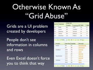 Otherwise Known As
      “Grid Abuse”
Grids are a UI problem
created by developers
People don’t see
information in columns
and rows
Even Excel doesn’t force
you to think that way
 