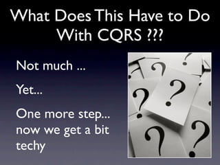 What Does This Have to Do
     With CQRS ???
Not much ...
Yet...
One more step...
now we get a bit
techy
 