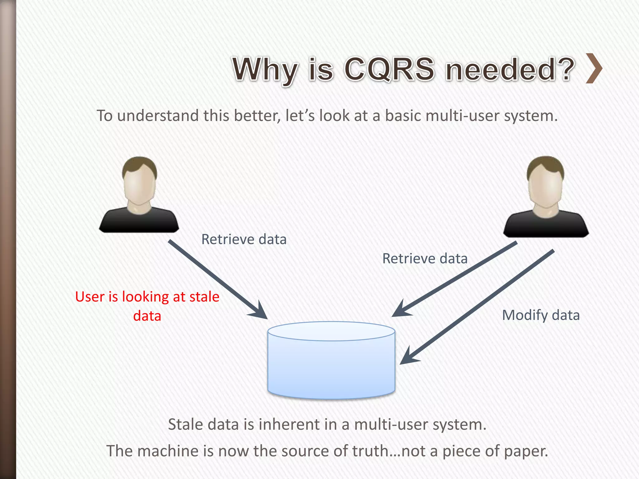 To understand this better, let’s look at a basic multi-user system.




                    Retrieve data
                                            Retrieve data

User is looking at stale
          data                                               Modify data




            Stale data is inherent in a multi-user system.
     The machine is now the source of truth…not a piece of paper.
 