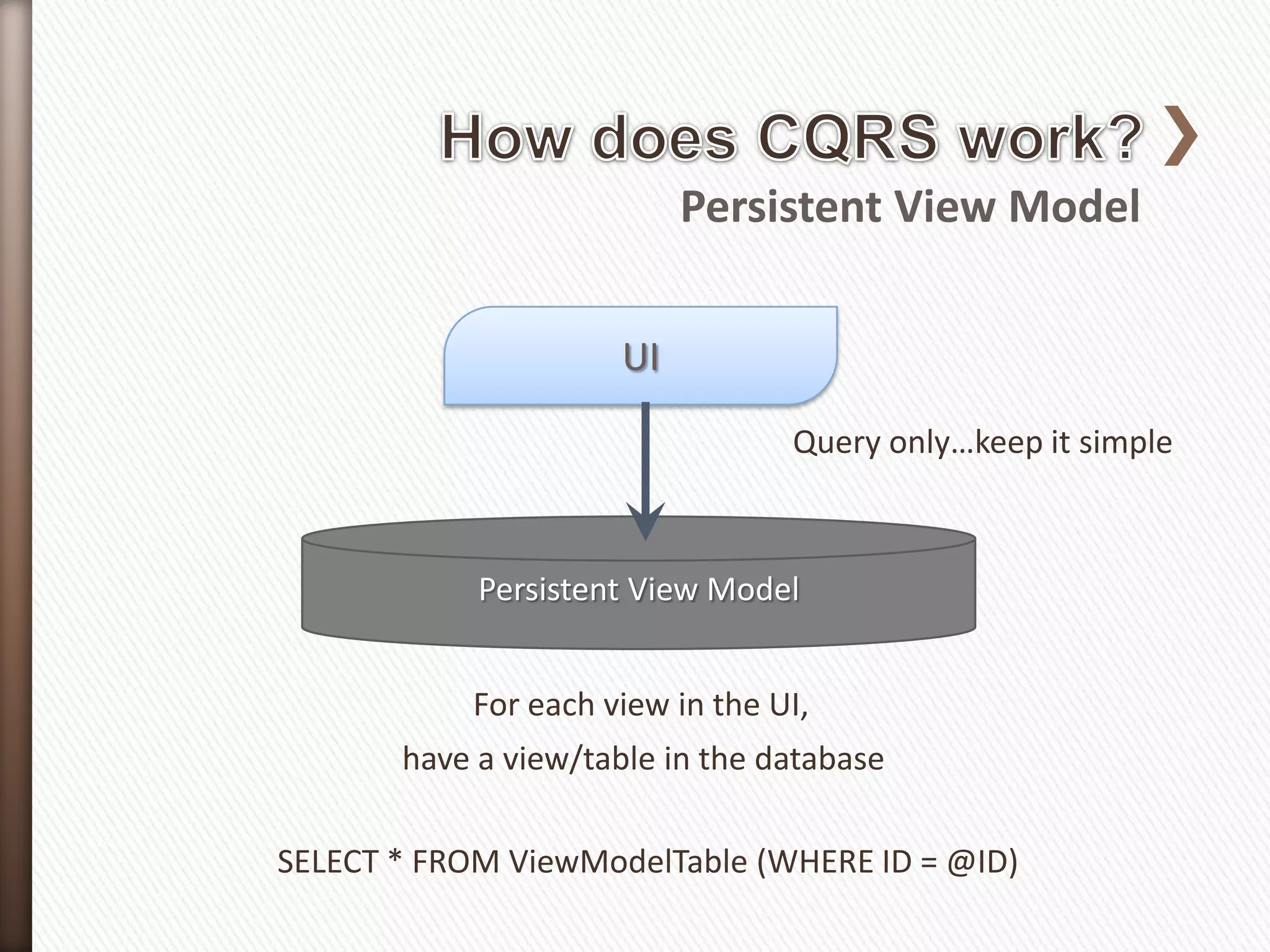 Persistent View Model


                      UI
                                 Query only…keep it simple



            Persistent View Model


           For each view in the UI,
       have a view/table in the database

SELECT * FROM ViewModelTable (WHERE ID = @ID)
 