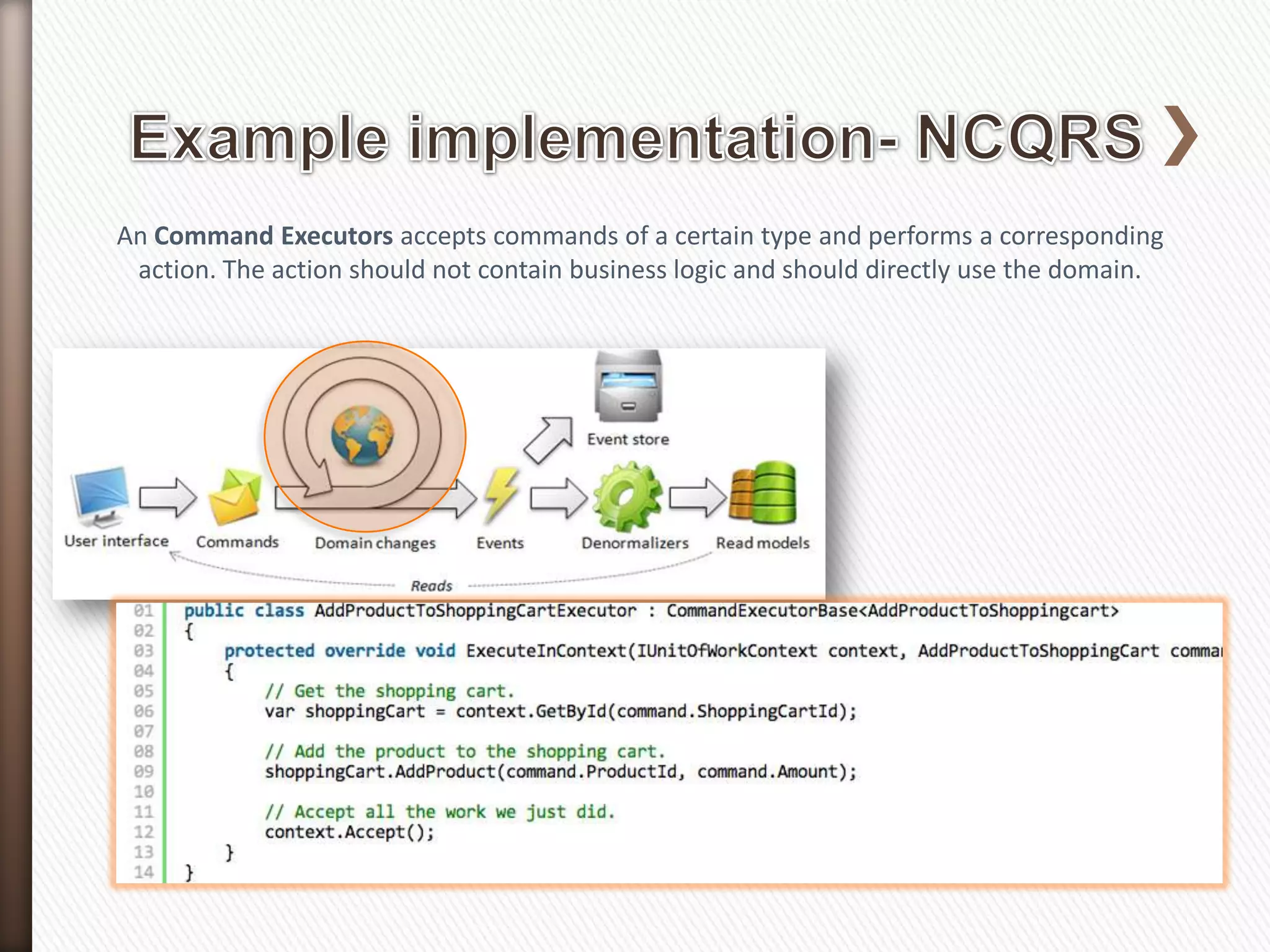 An Command Executors accepts commands of a certain type and performs a corresponding
 action. The action should not contain business logic and should directly use the domain.
 