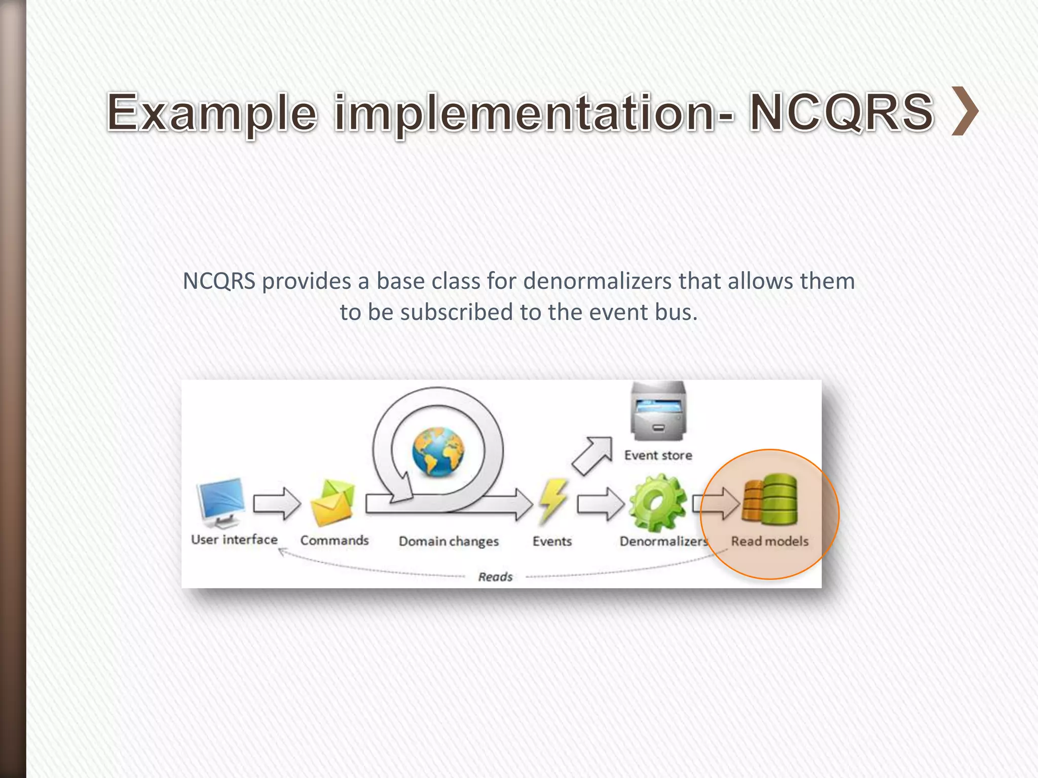 NCQRS provides a base class for denormalizers that allows them
             to be subscribed to the event bus.
 