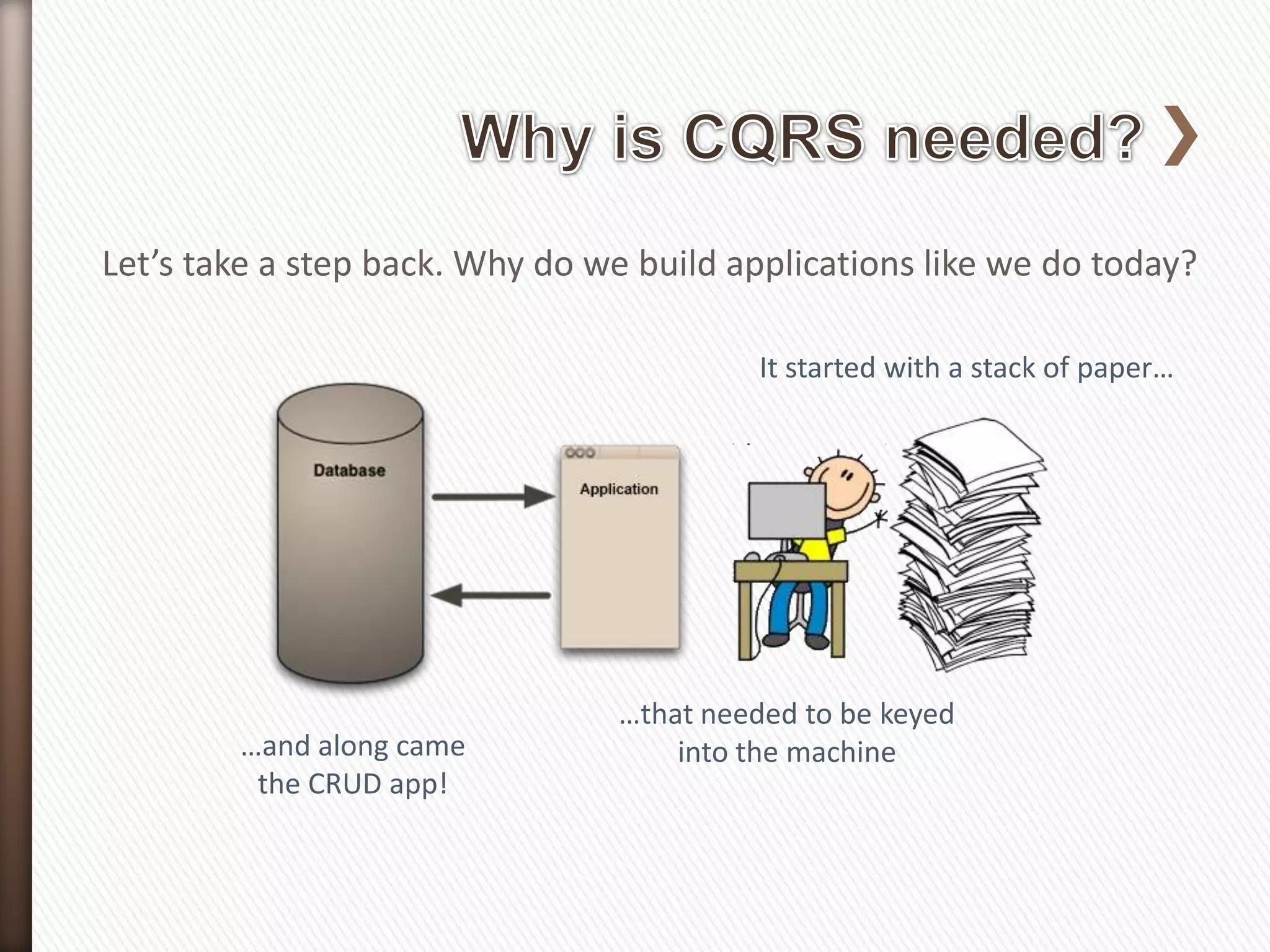 Let’s take a step back. Why do we build applications like we do today?

                                           It started with a stack of paper…




                                 …that needed to be keyed
        …and along came              into the machine
         the CRUD app!
 