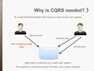 To understand this better, let’s look at a basic multi-user system.




                    Retrieve data
                                            Retrieve data

User is looking at stale
          data                                               Modify data




            Stale data is inherent in a multi-user system.
     The machine is now the source of truth…not a piece of paper.
 
