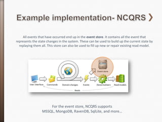 All events that have occurred end up in the event store. It contains all the event that
represents the state changes in the system. These can be used to build up the current state by
  replaying them all. This store can also be used to fill up new or repair existing read model.




                      For the event store, NCQRS supports
                  MSSQL, MongoDB, RavenDB, SqlLite, and more…
 