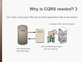 Let’s take a step back. Why do we build applications like we do today?

                                           It started with a stack of paper…




                                 …that needed to be keyed
        …and along came              into the machine
         the CRUD app!
 