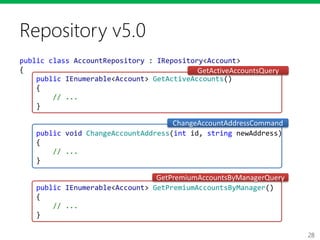 28
Repository v5.0
public class AccountRepository : IRepository<Account>
{
public IEnumerable<Account> GetActiveAccounts()
{
// ...
}
public void ChangeAccountAddress(int id, string newAddress)
{
// ...
}
public IEnumerable<Account> GetPremiumAccountsByManager()
{
// ...
}
ChangeAccountAddressCommand
GetActiveAccountsQuery
GetPremiumAccountsByManagerQuery
 