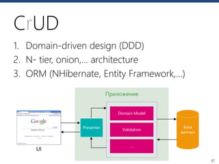 41
CrUD
1. Domain-driven design (DDD)
2. N- tier, onion,… architecture
3. ORM (NHibernate, Entity Framework,…)
Приложение
База
данных
Presenter
UI
Domain Model
Validation
...
 