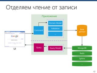 42
Отделяем чтение от записи
Приложение
MongoDB
Command
UI
Domain Model
Validation
...
Query Query Model
База
данных
Redis
Sphinx
...
 