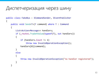 63
Диспетчеризация через шину
public class FakeBus : ICommandSender, IEventPublisher
{
public void Send<T>(T command) where T : Command
{
List<Action<Message>> handlers;
if (_routes.TryGetValue(typeof(T), out handlers))
{
if (handlers.Count != 1)
throw new InvalidOperationException();
handlers[0](command);
}
else
{
throw new InvalidOperationException("no handler registered");
}
}
 
