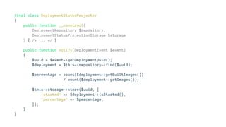 final class DeploymentStatusProjector
{
public function __construct(
DeploymentRepository $repository,
DeploymentStatusProjectionStorage $storage
) { /* ... */ }
public function notify(DeploymentEvent $event)
{
$uuid = $event->getDeploymentUuid();
$deployment = $this->repository->find($uuid);
$percentage = count($deployment->getBuiltImages())
/ count($deployment->getImages());
$this->storage->store($uuid, [
'started' => $deployment->isStarted(),
'percentage' => $percentage,
]);
}
}
 