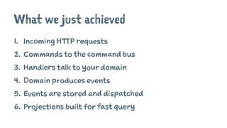 What we just achieved
1. Incoming HTTP requests
2. Commands to the command bus
3. Handlers talk to your domain
4. Domain produces events
5. Events are stored and dispatched
6. Projections built for fast query
 