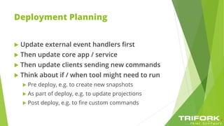 Deployment Planning
 Update external event handlers first
 Then update core app / service
 Then update clients sending new commands
 Think about if / when tool might need to run
 Pre deploy, e.g. to create new snapshots
 As part of deploy, e.g. to update projections
 Post deploy, e.g. to fire custom commands
 