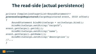 The read-side (actual persistence)
private CompletionStage<List<BoundStatement>>
processCargoRegistered(CargoRegistered event, UUID offset)
{
BoundStatement bindWriteCargo = writeCargo.bind();
bindWriteCargo.setString("cargoId",
event.getCargo().getId());
bindWriteCargo.setString("name",
event.getCargo().getName());
bindWriteCargo.setString("description");
//...
}
 