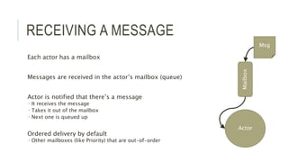 RECEIVING A MESSAGE
Each actor has a mailbox
Messages are received in the actor’s mailbox (queue)
Actor is notified that there’s a message
 It receives the message
 Takes it out of the mailbox
 Next one is queued up
Ordered delivery by default
 Other mailboxes (like Priority) that are out-of-order
Actor
Mailbox
Msg
 