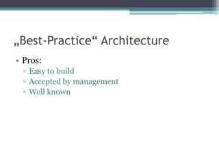 „Best-Practice“ Architecture
• Pros:
 ▫ Easy to build
 ▫ Accepted by management
 ▫ Well known
 
