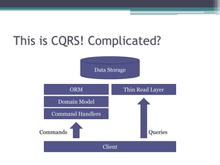 This is CQRS! Complicated?

                     Data Storage


               ORM                 Thin Read Layer

         Domain Model

       Command Handlers


    Commands                                Queries

                          Client
 