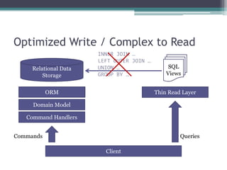 Optimized Write / Complex to Read
                       INNER JOIN …
                       LEFT OUTER JOIN …
     Relational Data   UNION …                  SQL
         Storage       GROUP BY …              Views


           ORM                             Thin Read Layer

     Domain Model

   Command Handlers


Commands                                            Queries

                         Client
 