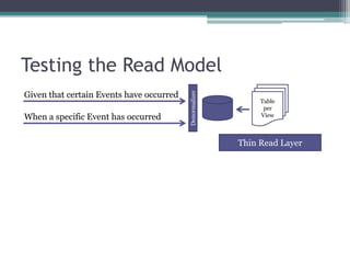 Testing the Read Model
Given that certain Events have occurred




                                          Denormalizer
                                                              Table
                                                               per
When a specific Event has occurred                            View



                                                         Thin Read Layer
 