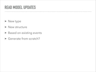 READ MODEL UPDATES
➤ New type
➤ New structure
➤ Based on existing events
➤ Generate from scratch?
 