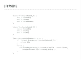 UPCASTING
class UserRegistered_V1 { 
public $userId; 
public $name; 
public $timestamp; 
} 
 
class UserRegistered_V2 { 
public $userId; 
public $name; 
public $date; 
} 
 
function upcast($event): array { 
if (!$event instanceof UserRegistered_V1) { 
return []; 
} 
return [ 
new UserRegistered_V2($event->userId, $event->name, 
$event->timestamp->format("Y-m-d")) 
]; 
}
 