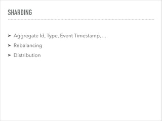 SHARDING
➤ Aggregate Id, Type, Event Timestamp, ...
➤ Rebalancing
➤ Distribution
 