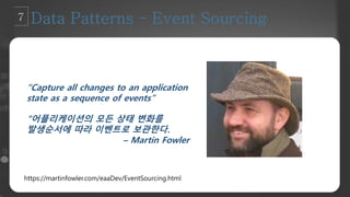 https://martinfowler.com/eaaDev/EventSourcing.html
“Capture all changes to an application
state as a sequence of events”
”어플리케이션의 모든 상태 변화를
발생순서에 따라 이벤트로 보관한다.
– Martin Fowler
 