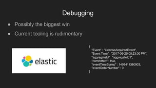 Debugging
● Possibly the biggest win
● Current tooling is rudimentary
{
"Event" : "LicenseAcquiredEvent",
"Event Time" : "2017-06-25 05:23:00 PM",
"aggregateId" : "aggregateId1",
"committed" : true,
"eventTimeStamp" : 1498411380903,
"eventOrderNumber" : 0
}
 
