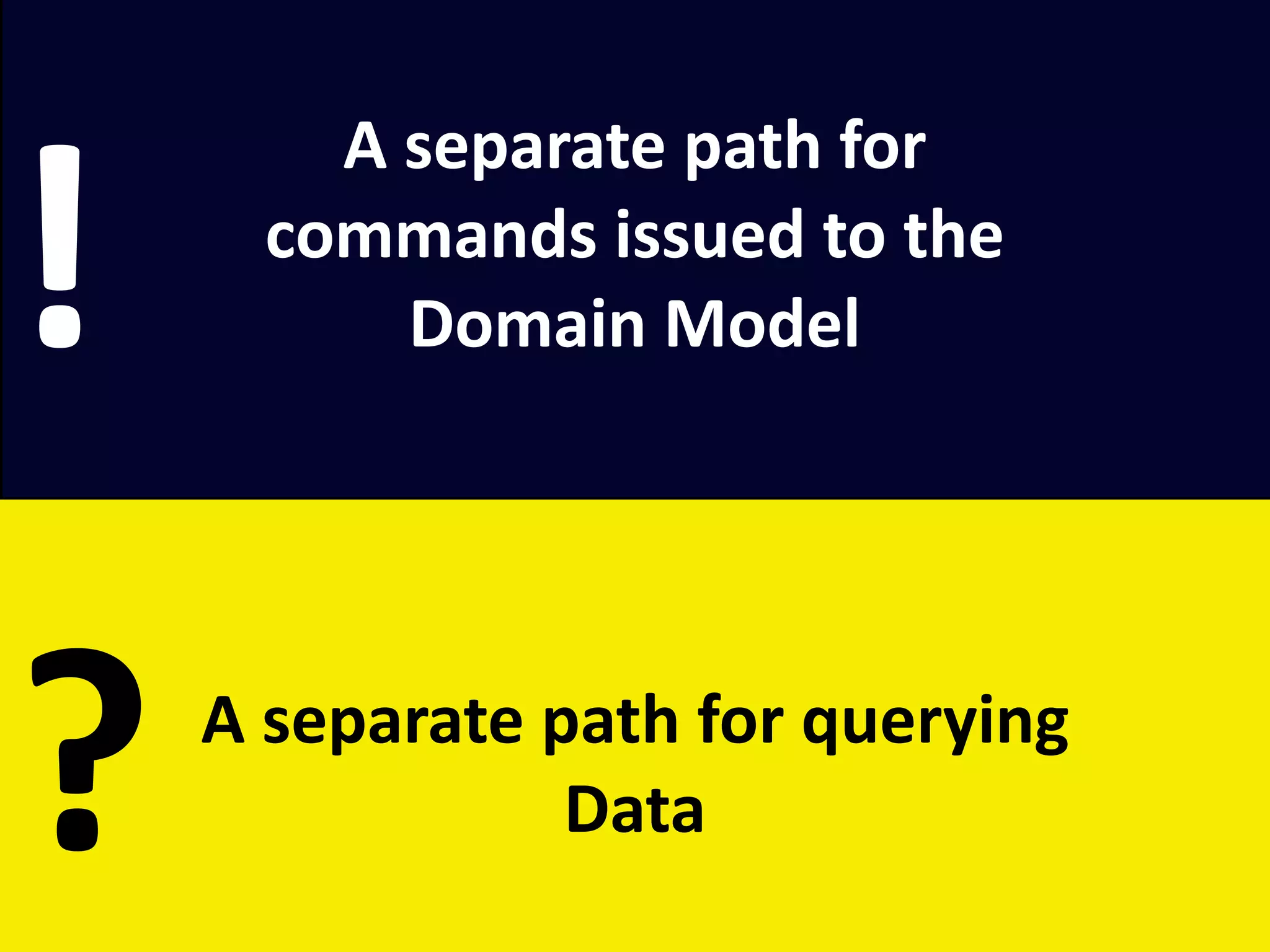 !
        A separate path for 
      commands issued to the 
          Domain Model




?   A separate path for querying 
                Data
 