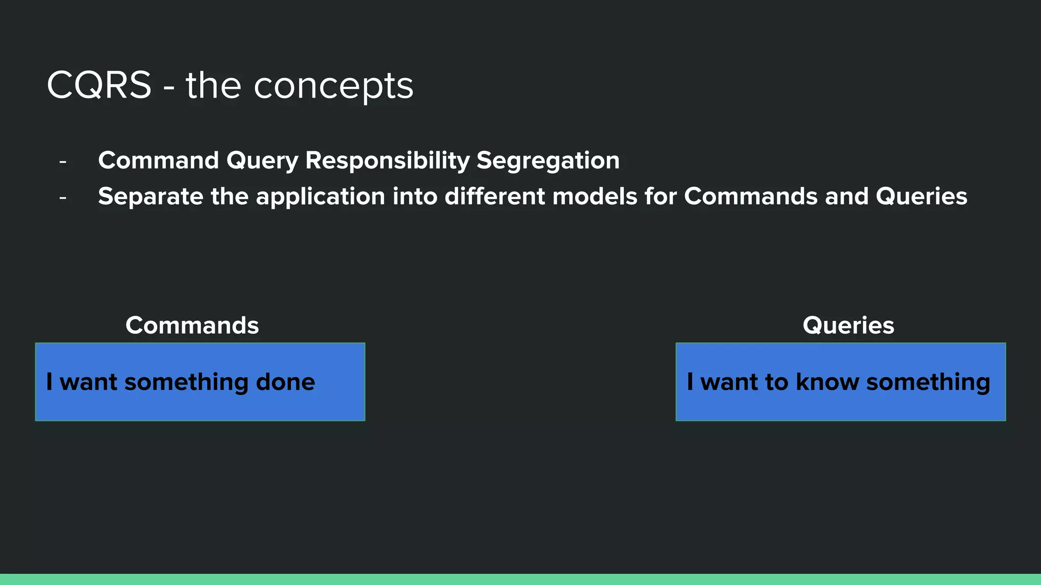 - Command Query Responsibility Segregation
- Separate the application into different models for Commands and Queries
CQRS - the concepts
I want something done
Commands
I want to know something
Queries
 